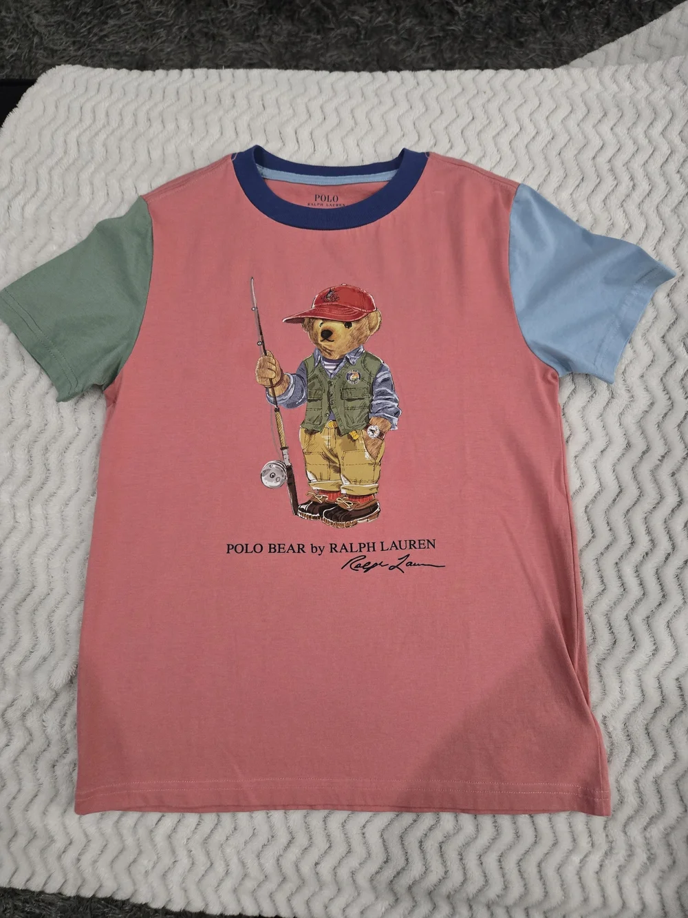 Ralph Lauren Pink Colorblock Polo Bear Tee with Blue Neck & Green Sleeve